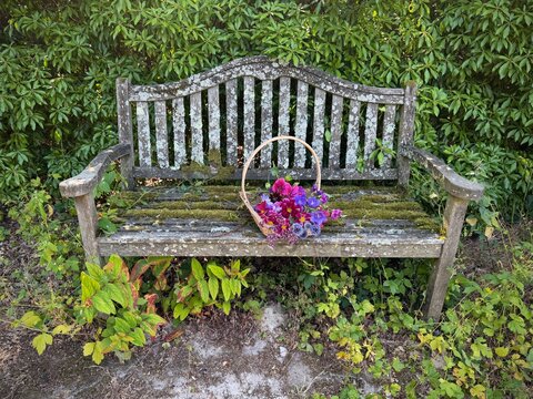 weathered bench in the garden with floral basket