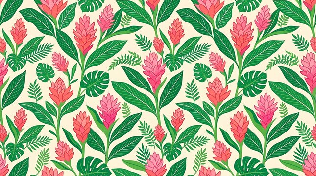 Exotic pink ginger blossoms with lush tropical foliage pattern