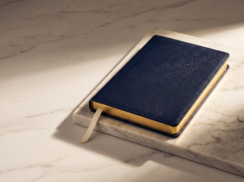 Highend navy leather notebook on marble surface with cinematic light