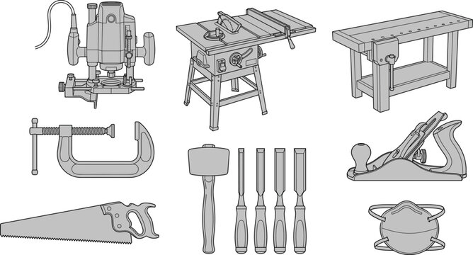 Woodworking and Carpentry Tool Silhouette Icon Set with Saw Chisel Plane Clamp and Workbench