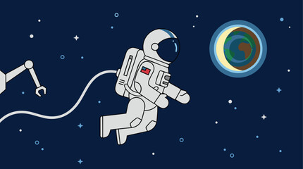 Astronaut floating in outer space near Earth orbit illustration design with dark star field background side view © Purnomo Semlirick