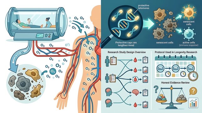 Infographic showing hyperbaric oxygen therapy and longevity research