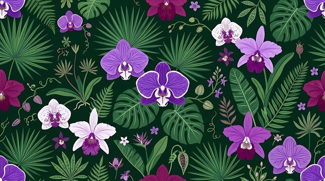 Seamless tropical pattern with purple orchids and exotic green leaves