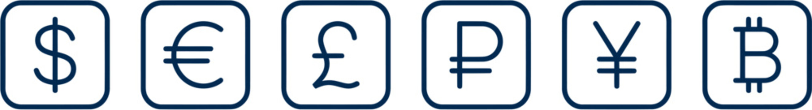 Set of minimalist blue line icons representing global currency and cryptocurrency symbols for international business and trade