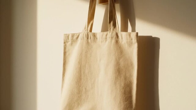 A minimalist beige tote bag hangs on a plain white wall, illuminated by warm, shifting sunlight and sharp geometric shadows in a quiet indoor setting.