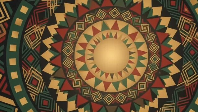 Celebration of heritage animation featuring colorful geometric patterns inspired by African textile motifs rotating slowly around glowing center. Symmetrical design in warm gold, green, red and black.
