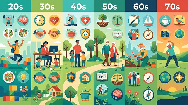 Human life stages and aging milestones timeline from youth to senior