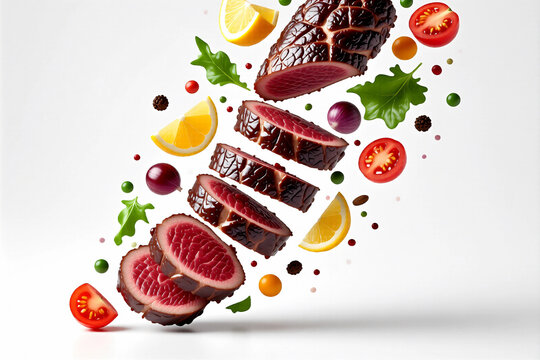Deliciously Sliced Roasted Meat with Fresh Garnish and Savory Sauce Elements Floating