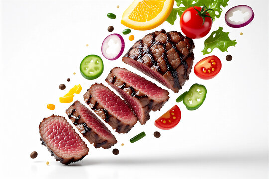 Deliciously Sliced Roasted Meat with Fresh Garnish and Savory Sauce Elements Floating
