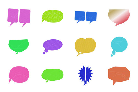 Colorful set of nine speech bubble conversation icons isolated on transparent background