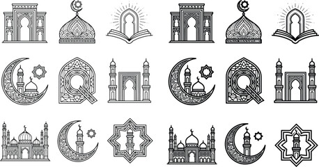 Islamic architectural mosque and crescent moon icons for ramadan design with architecture crescent religion building traditional celebration ornament illustration spiritual © Golzar