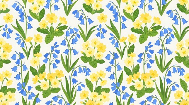 Seamless spring pattern with yellow primroses and bluebells