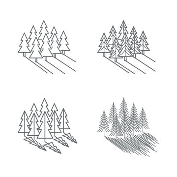 A collection of minimalist line drawings of pine trees casting shadows in various arrangements