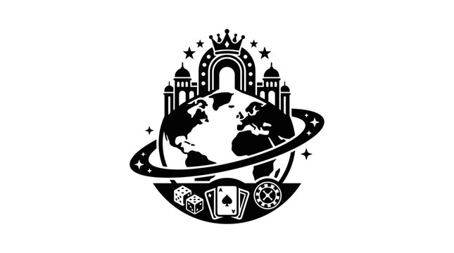 Global Casino Entertainment Logo with Earth, Crown, Dice, Cards, and Ring