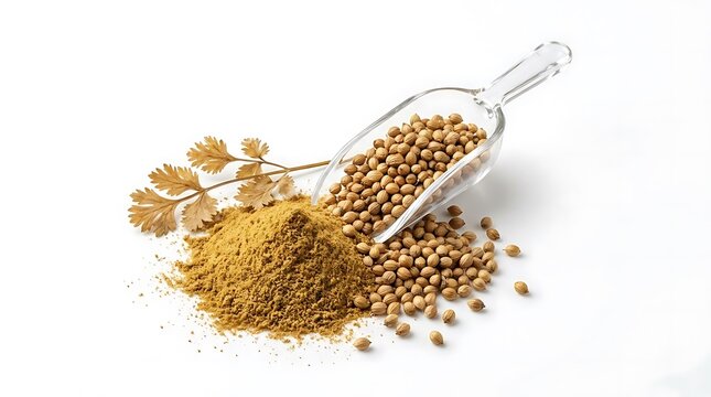 Ground coriander powder and seeds with a metal scoop.