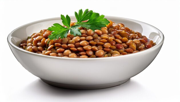 White Ceramic Bowl Of Brown Cooked Lentils With Parsley Isolated