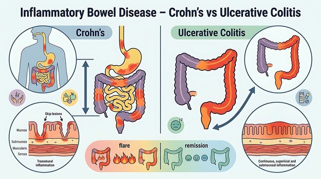 Medical infographic comparing crohns disease and ulcerative colitis