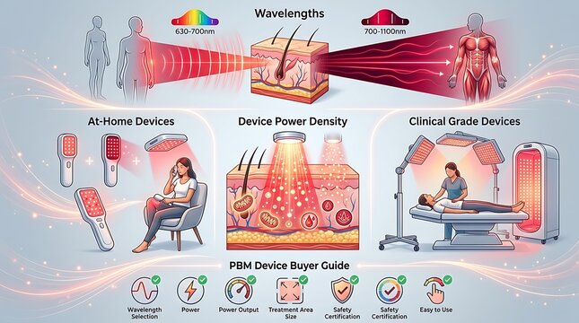 Red light therapy infographic explaining wavelengths and device types