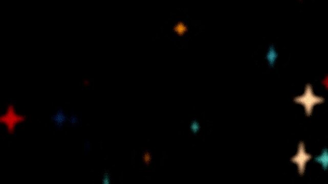 Colorful glowing stars loop. Beautiful multi-colored stars in retro grainy style flying through the camera. Light ray glowing with soft noise. 80s, 90s Retro futurism. Starry Neon lights glowing. 