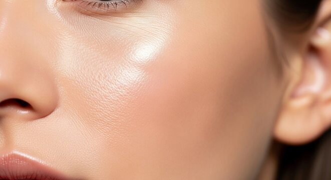 Close up macro shot highlighting natural skin texture and healthy radiant glow on cheekbone