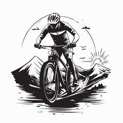 Obraz premium Cyclist Riding Bicycle In Mountains With Morning Sun Vector Illustration