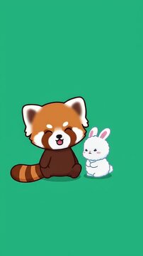 Cute red panda and white bunny cartoon illustration