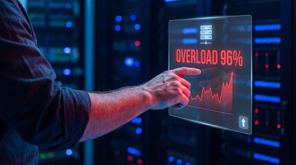 Fototapeta premium man touches glowing server overload interface above forearm to flag cloud capacity alert, escalate infrastructure scaling request, review traffic spike chart, and respond to it operations risk
