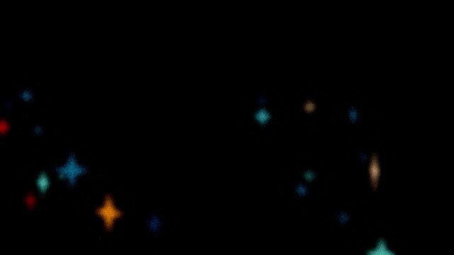 Colorful glowing stars loop. Beautiful multi-colored stars in retro grainy style flying through the camera. Light ray glowing with soft noise. 80s, 90s Retro futurism. Starry Neon lights glowing. 