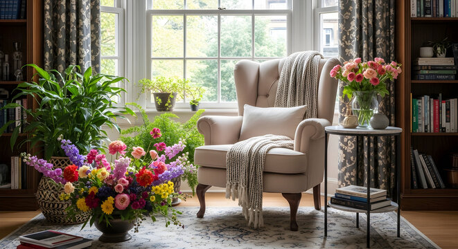 Cozy Sunlit Living Room With Armchair And Flowers.