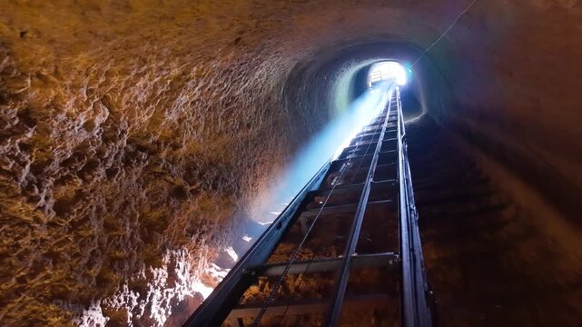 Cinematic view of an ancient temple tunnel with stone stairs ascending from darkness toward a bright light. Ideal for mystery, exploration, and spiritual concepts.