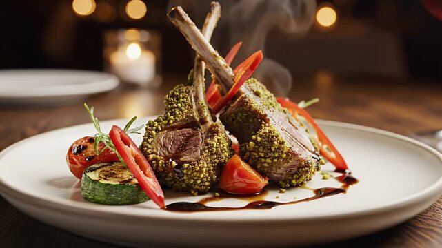 Lamb chops coated in herbs are served with roasted vegetables on a ceramic plate.