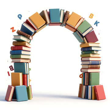 A magnificent archway crafted from vibrant stacks of timeless books rises beneath a cascade of floating alphabet letters, forming an enchanting literary portal that invites every reader into a limitle