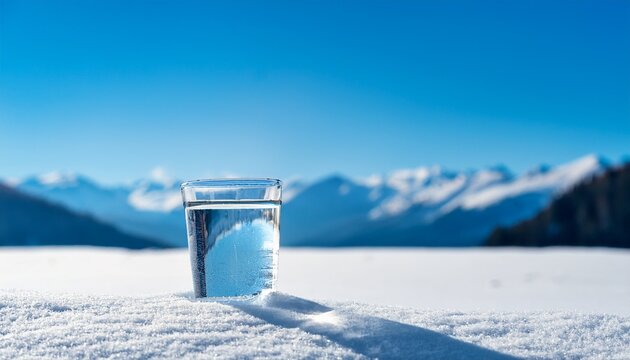A Glass Filled With Clean Natural Artesian Water Sits On Snow In The Background There Is A Winter Landscape With Mountains And Clear Blue Skies Copy Space Nature High Quality Photo