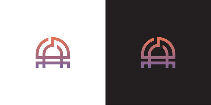 Modern geometric abstract line art logo design featuring a dome shape in a gradient of orange and purple on white and black backgrounds