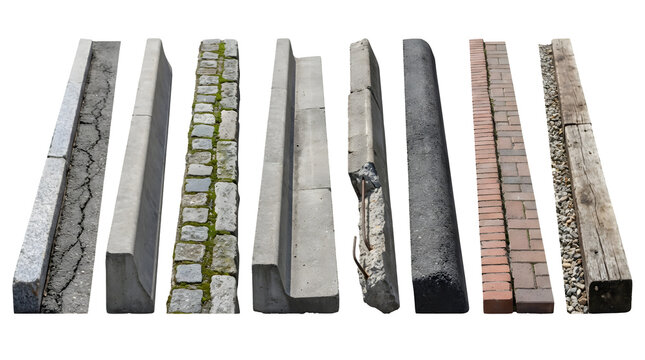 Concrete curb stone collection with 8 elements, realistic street border textures, urban pavement edges and road construction materials on white background
