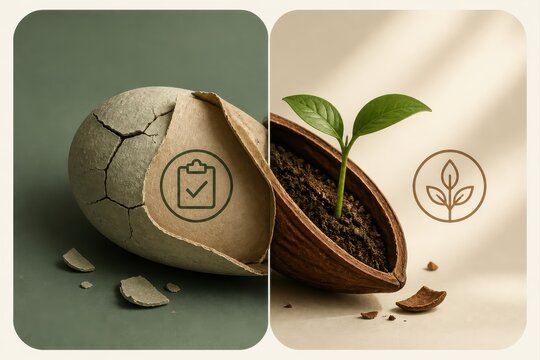 Sustainability concept with cracked shell and seedling growth in split composition