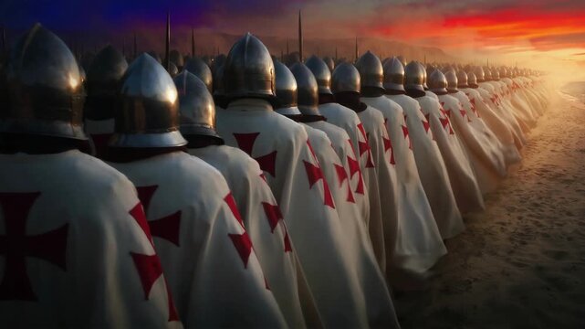 Legion of Armored Figures Marching Into a Dramatic Fiery Sunset Landscape Cinematic Concept