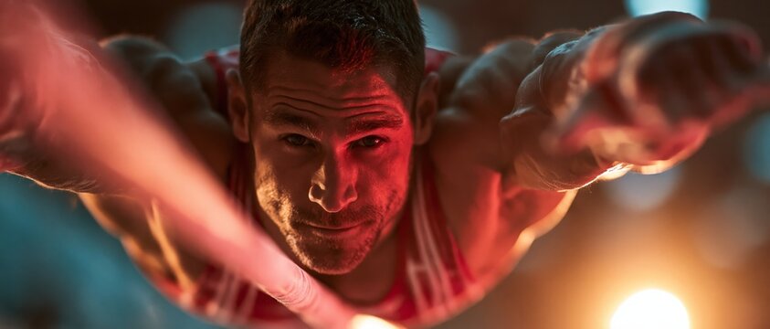 An intense athlete sprints forward with determination while dramatic red lighting illuminates his muscular form against a blurred.
