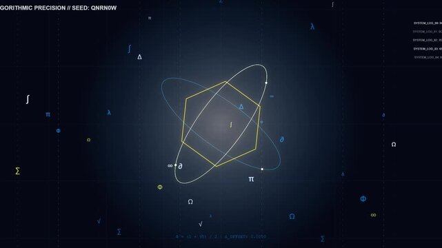 Abstract scientific animation of rotating geometric orbits and math symbols
