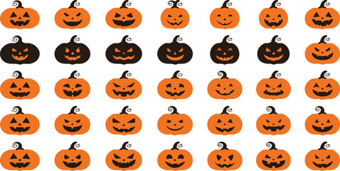Fototapeta premium Halloween Pumpkin Seamless Pattern with Cute and Scary Jack O Lantern Faces Cartoon Vector Illustration for Autumn Holiday October Celebration Spooky Background Design.