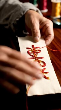 Hands embroidering red pattern on white fabric.