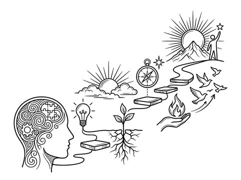 Conceptual illustration of human mind growth and motivation symbolizing personal development and success journey towards a bright future with compass and rising sun