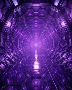 Futuristic 3D background with hexagonal tunnel and purple lights.