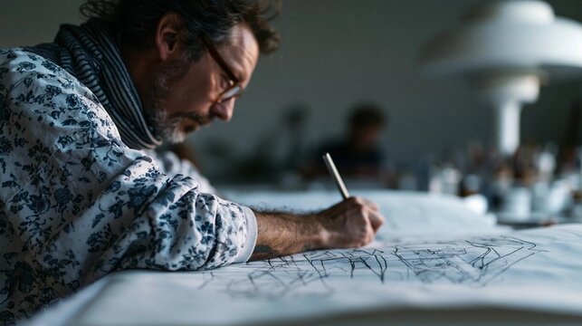 Man sitting at a desk, writing on a piece of paper with a pen. he is wearing a white shirt with a blue floral pattern and has a beard and glasses.