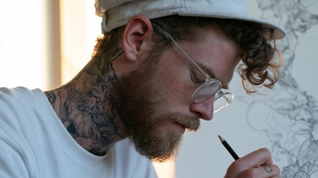 Man with a beard and glasses, wearing a white baseball cap and a white t-shirt. he is holding a black pen in his right hand and appears to be drawing or sketching on a piece of paper.