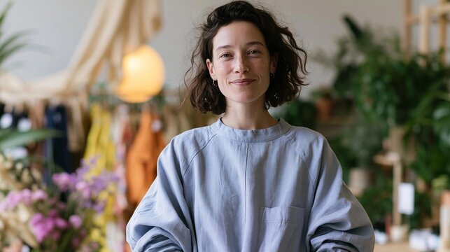 Portrait of a young woman standing in a room with a variety of plants and flowers in the background. she is wearing a light blue long-sleeved shirt with a round neckline and long sleeves.