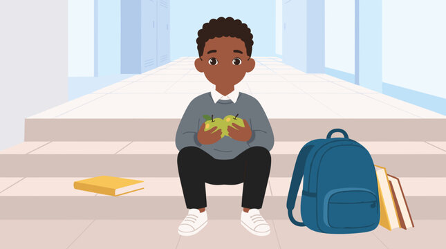 Young Black Schoolboy Sitting on Steps Holding Two Apples, with Backpack and Books, Emphasizing Healthy Snacking and Education
