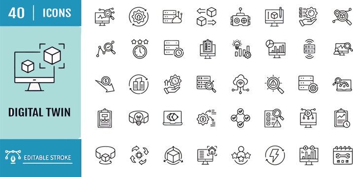 Digital twin line icon set editable stroke virtual replica simulation model vector symbols