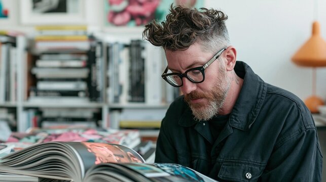 Man with a beard and glasses, sitting at a desk and reading a book. he is wearing a black jacket and appears to be focused on the pages of the book.