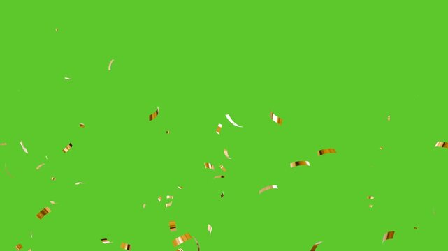 slowly falling gold confetti rain alpha channel. gold confetti video particles pack on green background.